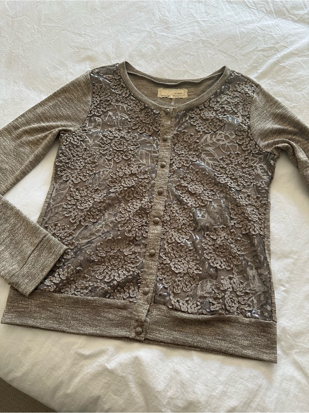 A'Reve Anthropologie taupe/gray sequin & lace cardigan, size large - Picture 7 of 13